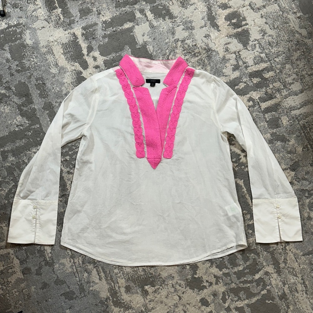 J.Crew Tunic Blouse Pink Embroidered Rosette Trim Size S White Cotton Preppy